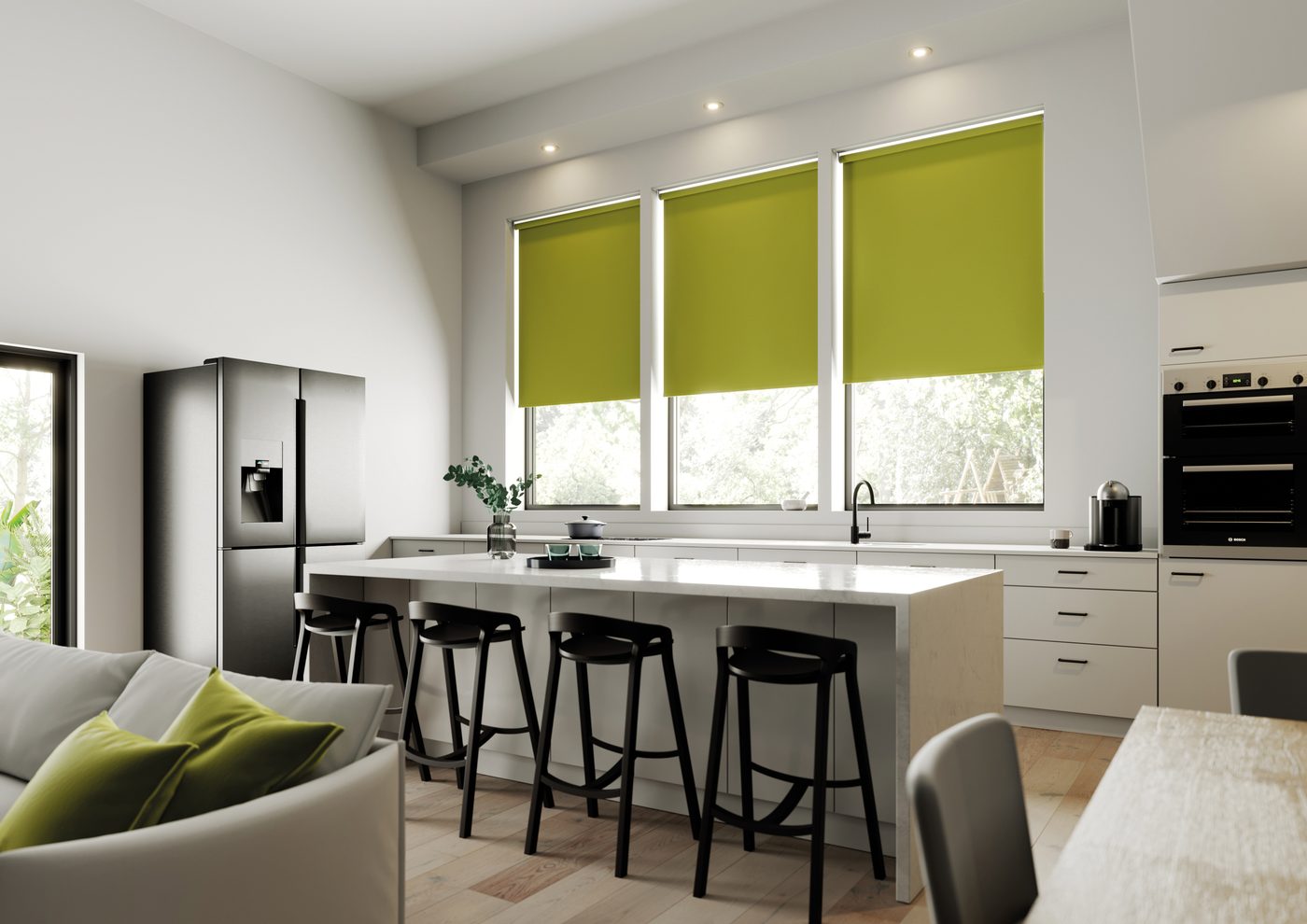 Lime green Unilux PVC roller blinds over windows in a contemporary kitchen