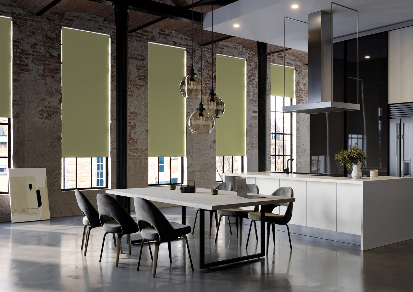 Sage green Como roller blinds over tall windows in a loft kitchen and dining room with exposed brick